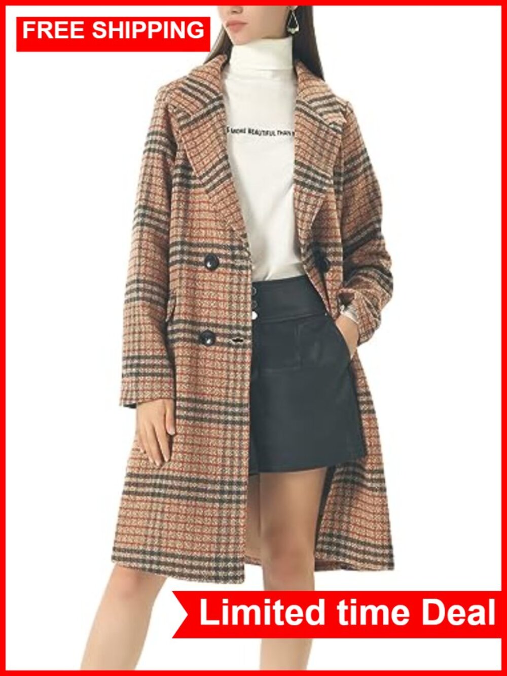 Wool Blend Long Trench Coat Double Breasted Notched Collar
